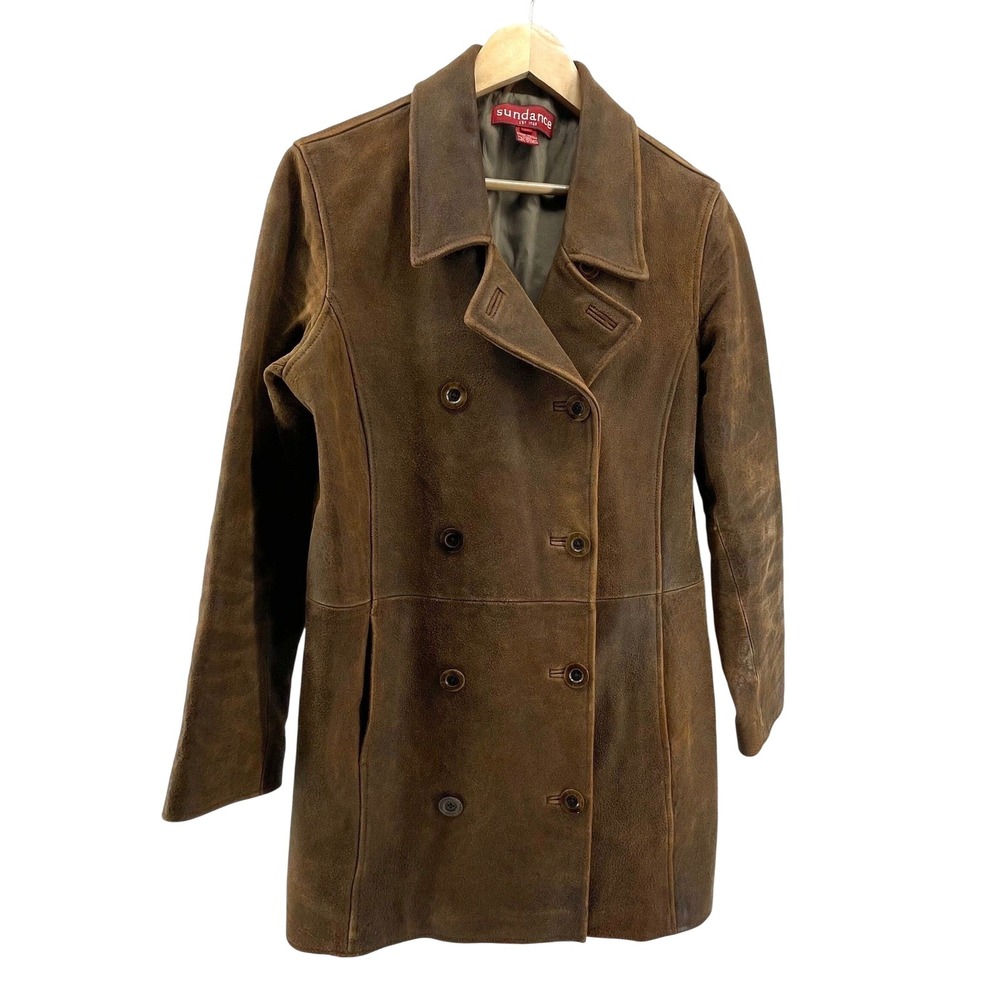 Sundance Brown Genuine Leather Double Breasted Peacoat Jacket Womens Medium